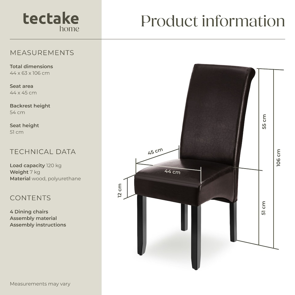 image 1 of Dining Chair - ergonomic seat shape, high backrest, padded, faux leather - Set of 4 Brown