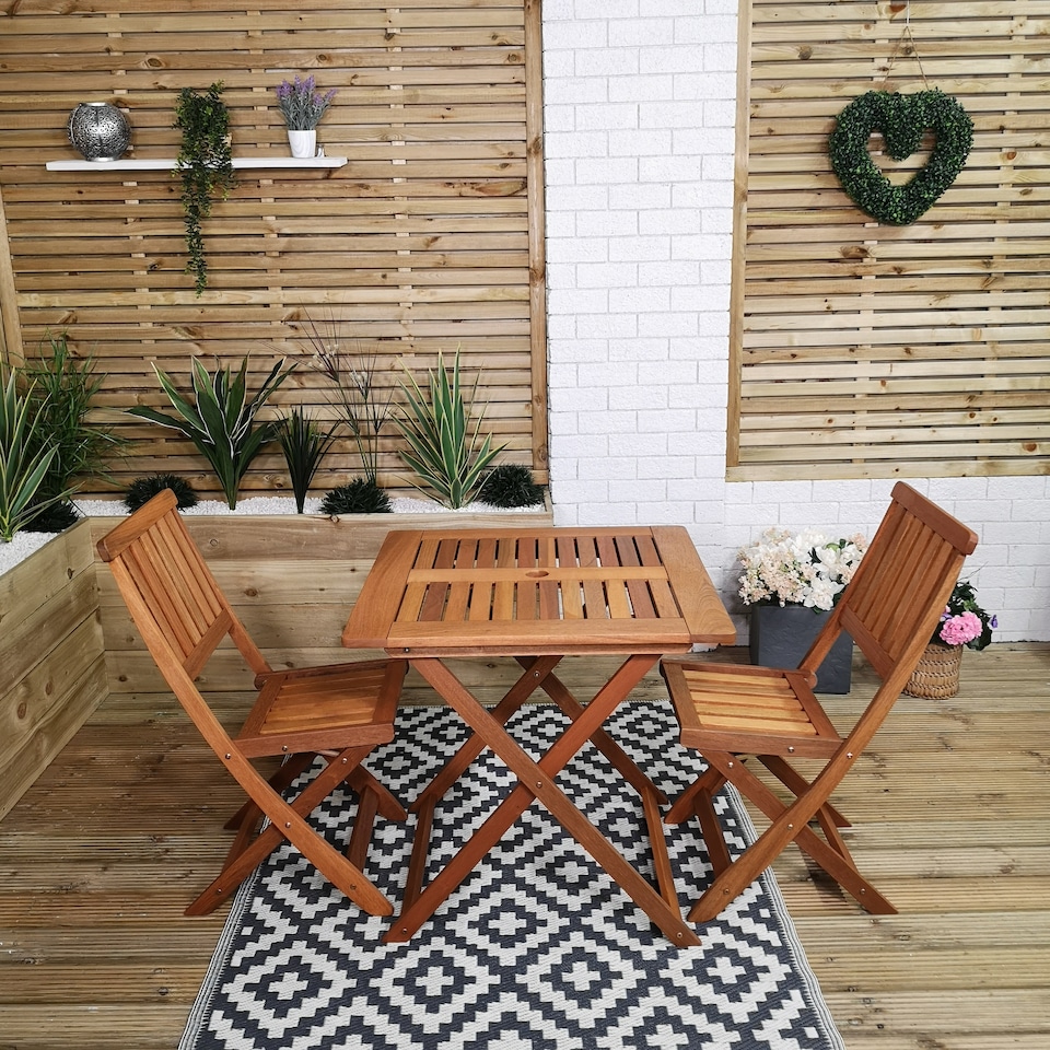 image 1 of Outdoor 2 Person Folding Square Wooden Garden Patio Dining Table and Chairs Set