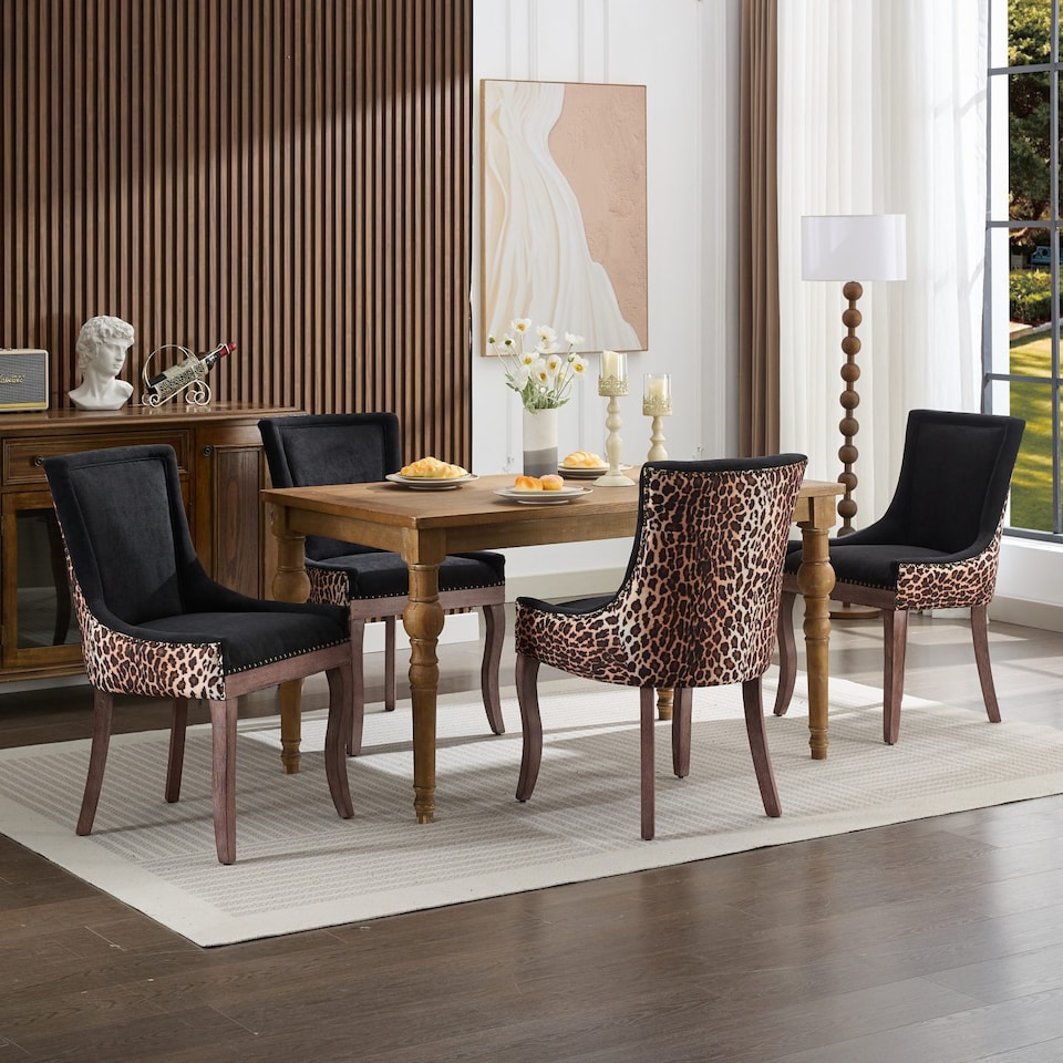 image 1 of Bewley Set of 4 Modern Leopard Print Dining Chairs with Wooden Legs