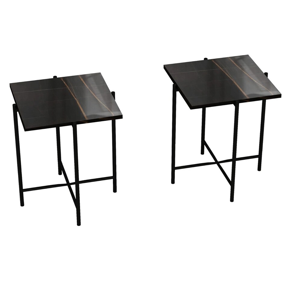 image 1 of Set of 2 Pcs Marble Effect Tops Square Round Side End Coffee Table Metal Frame | Black | Black Square | 1
