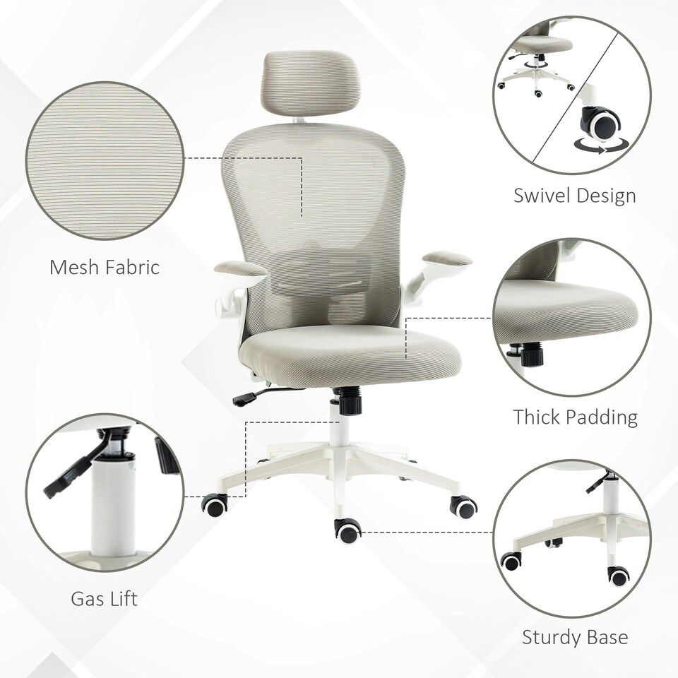 image 1 of Vinsetto Mesh Office Chair with Headrest, 4D Lumbar Support, Flip-up Arm