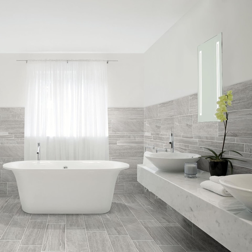 image 1 of Battery Operated LED Illuminated Bathroom 600mm Strip Rectangular Mirror | Clear | 1