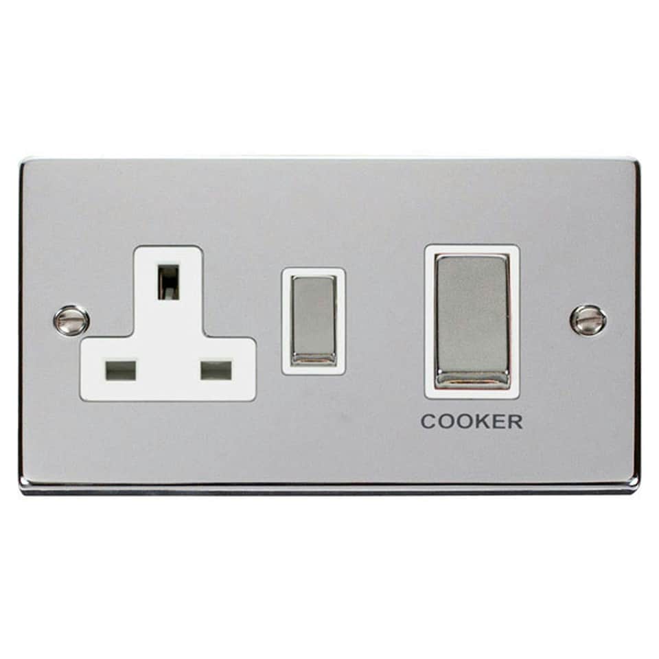 SE HOME Polished Chrome Cooker Control Ingot 45A With 13A Switched Plug Socket White | Polished Chrome