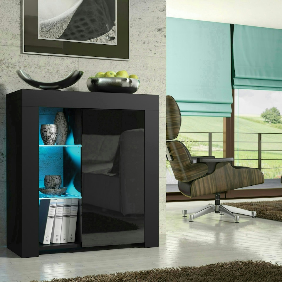 image 1 of Sideboard 75cm Black Gloss Door Black Matt Body Glass Shelves Free LED | Black