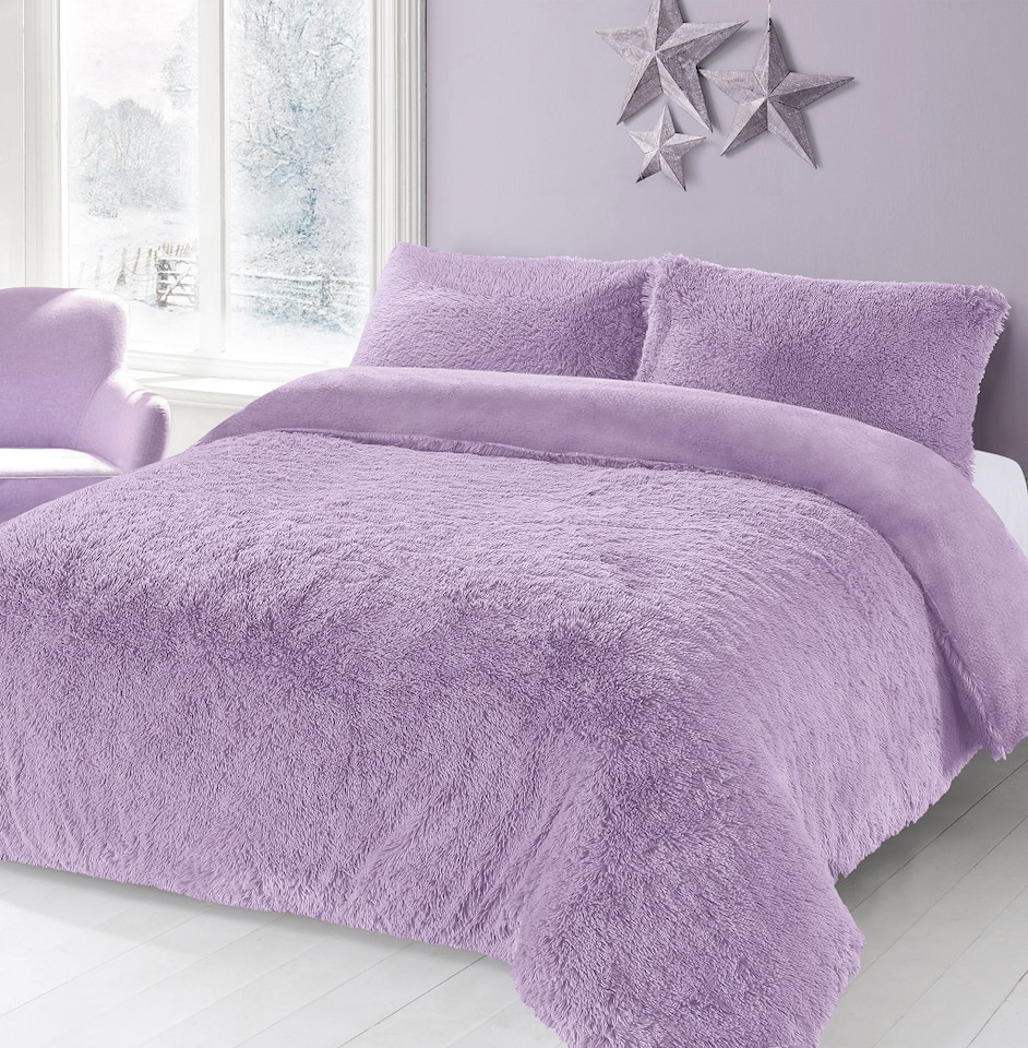 Homes Linen Alaska Cuddles Teddy Bear Fleece Lilac Duvet Cover Luxury Warm Cosy Bedding Set | Clear | Lilac | Super King