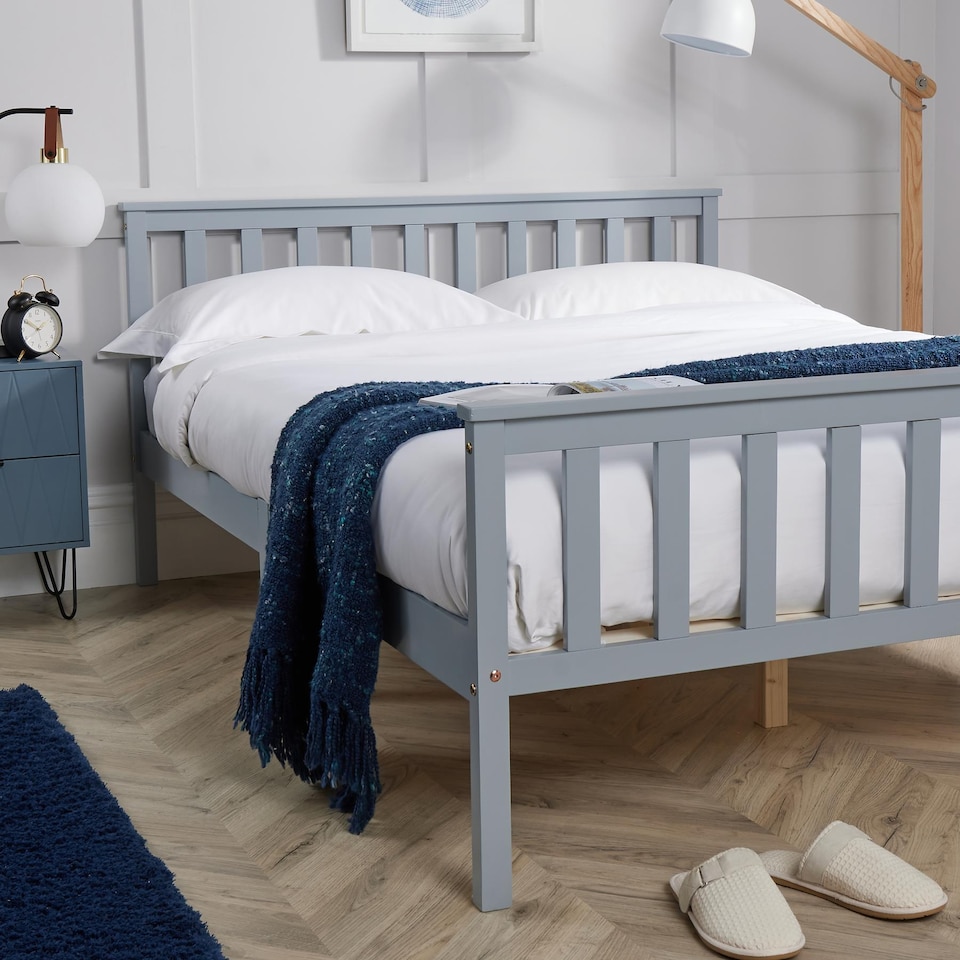 image 1 of Small Double Grey Wooden Bed 4ft Solid Pine Furniture High End Slatted Base Home