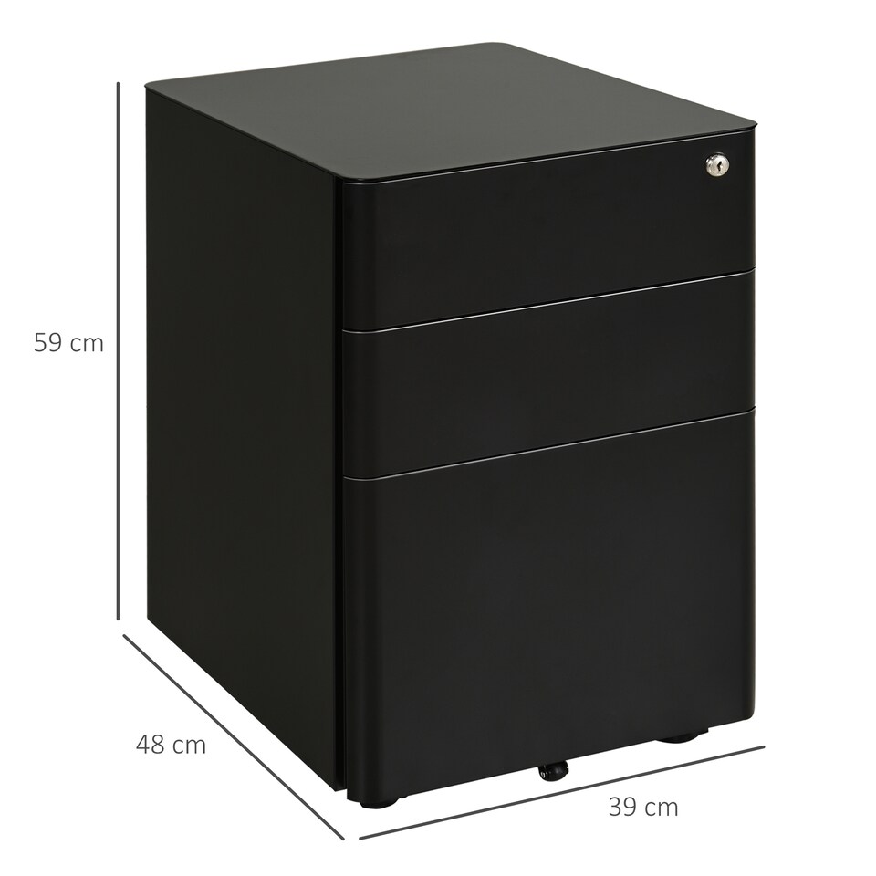 image 1 of Vinsetto 3-Drawer Mobile Filing Cabinet, Steel Lockable File Cabinet for A4, Legal, Letter, Compact Under Desk Storage Unit with Pre-Assembled Body Except Wheels for Home Office, 39 x 48 x 59cm, Black
