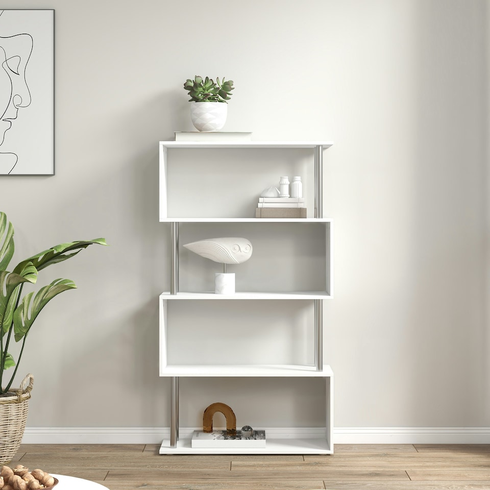 image 1 of HOMCOM Wooden Storage Display Unit Bookshelf Bookcase Dividers S Shaped White