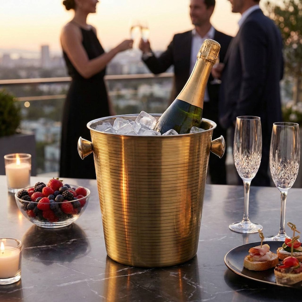 image 1 of Gold Stainless Steel Champagne Ice Bucket Ribbed | Gold | Gold | 1
