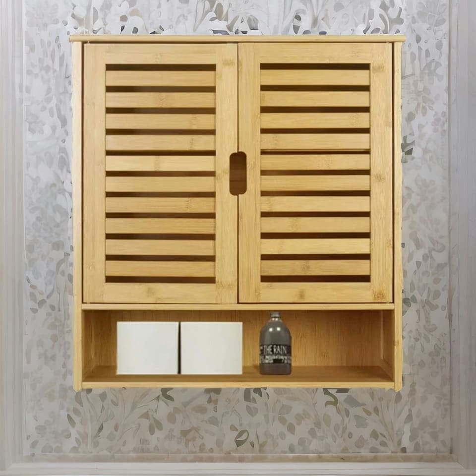 image 1 of Wooden Bathroom Wall Storage Cabinet Organiser Natural Brown Brown