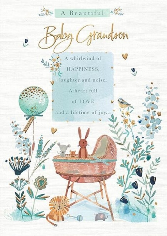 Words 'n' Wishes Beautiful Baby Grandson New Baby Card - Moses Basket Woodland Animals Flowers Balloons