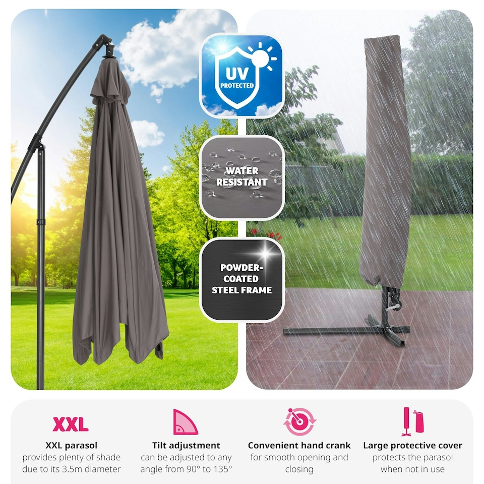 image 1 of Parasol Ciccio - 350 cm, cantilever garden shade, adjustable tilt angle, with protective cover Grey
