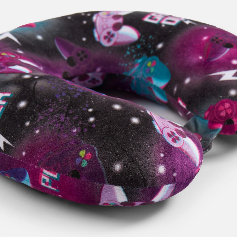 image 1 of OHS Soft Plush Gaming Print U-Shaped Comfort Support Travel Neck Pillow, Purple