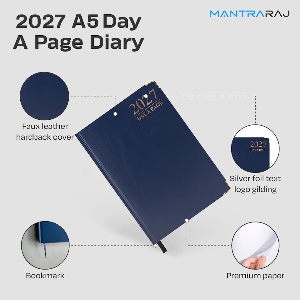image 1 of MantraRaj 2027 Diary A5 Page A Day Padded Case Bound Desk Diary Office Organiser Planner Blue