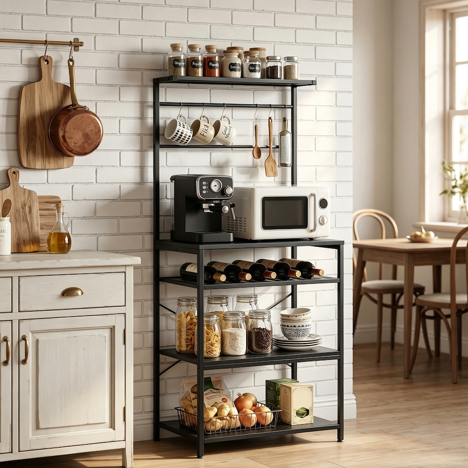 image 1 of HOMCOM Freestanding Shelving Unit with 6 Hooks and Wine Rack