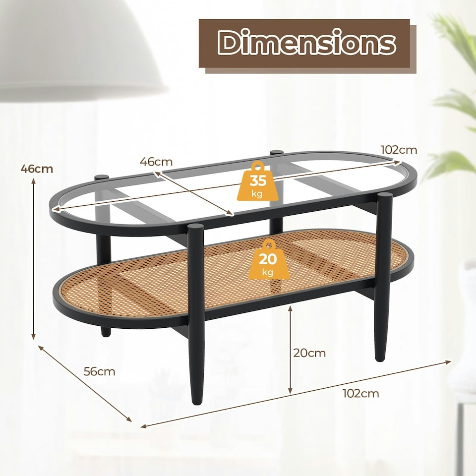 image 1 of COSTWAY 2-Tier Coffee Table Rattan Center Table with Storage Black