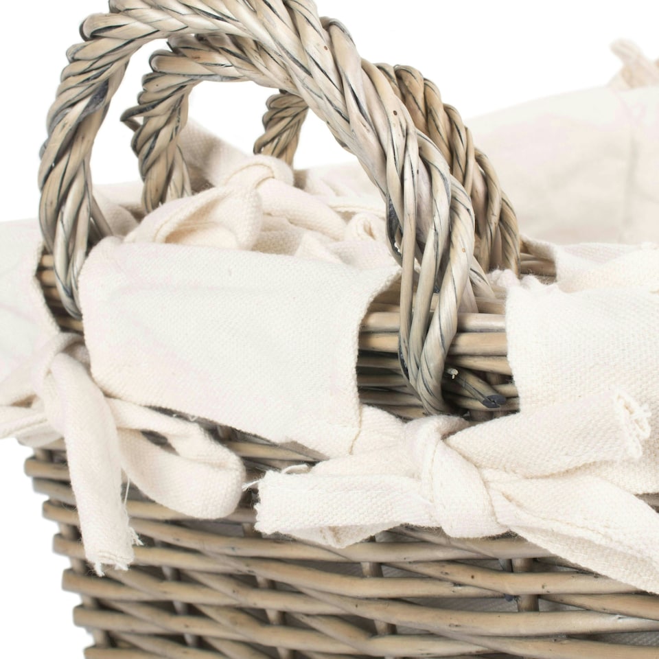 image 1 of Set of 3 Antique Wash Wicker Handled Lined Storage Basket White