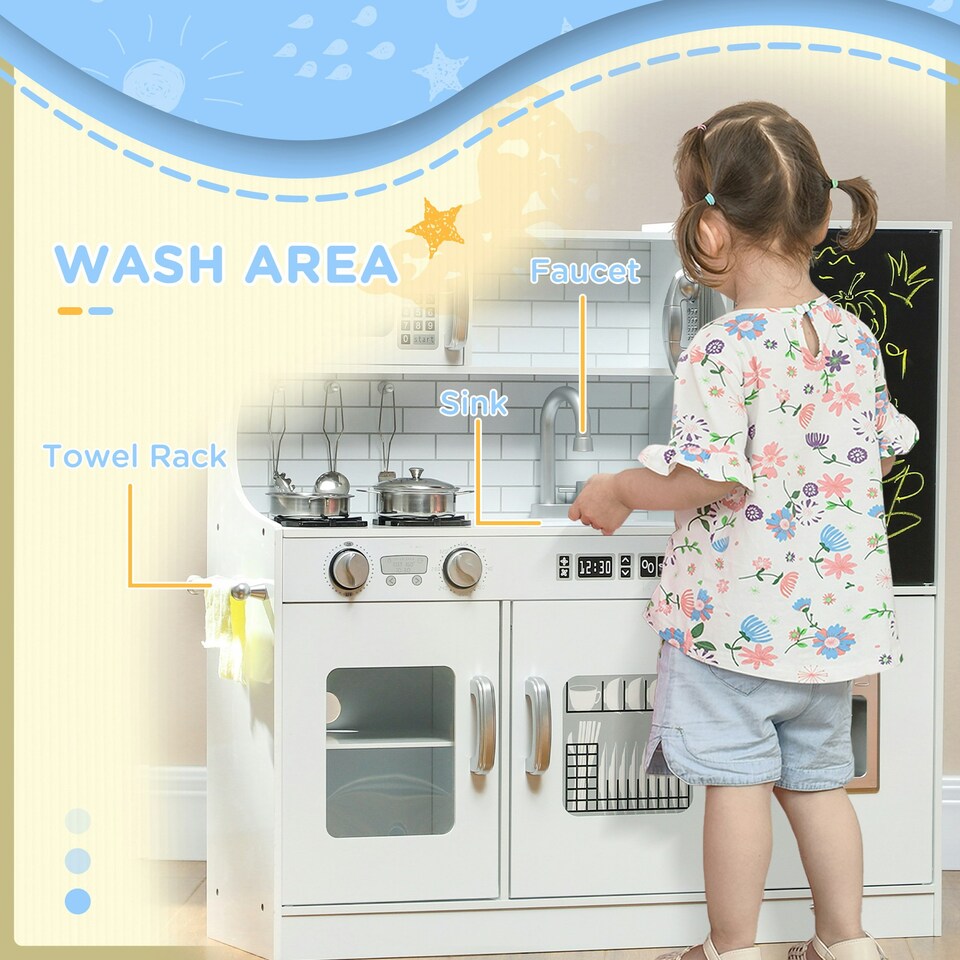 image 1 of AIYAPLAY Play Kitchen, Pretend Toy Kitchen with Toy Phone, Chalkboard, White