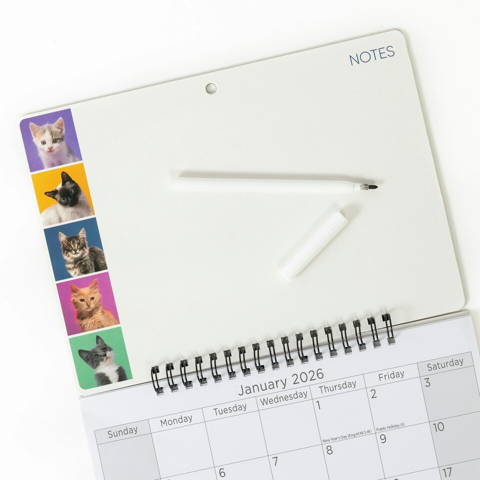 image 1 of 2026 Monthly Memo Board Calendar & Pen Kitten Design