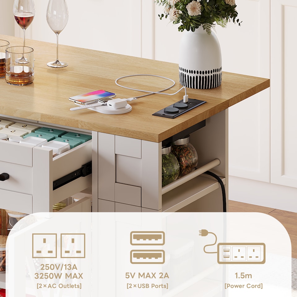 image 1 of VILUXE Mobile Kitchen Island with Foldable Worktop, 2 AC Sockets, 2 USB Ports, Glass Doors, Adjustable Shelves and Lockable Wheels, White and Natural