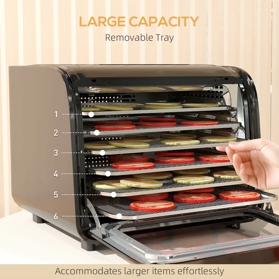 image 1 of HOMCOM Digital Food Dehydrator with 6 Stainless Steel Tray, 350W Food Dryer Machine with LED Touch Panel, Adjustable Temperature, 48H Timer for Drying Fruit, Meat, Vegetable, Jerky, Pet Treat, Black