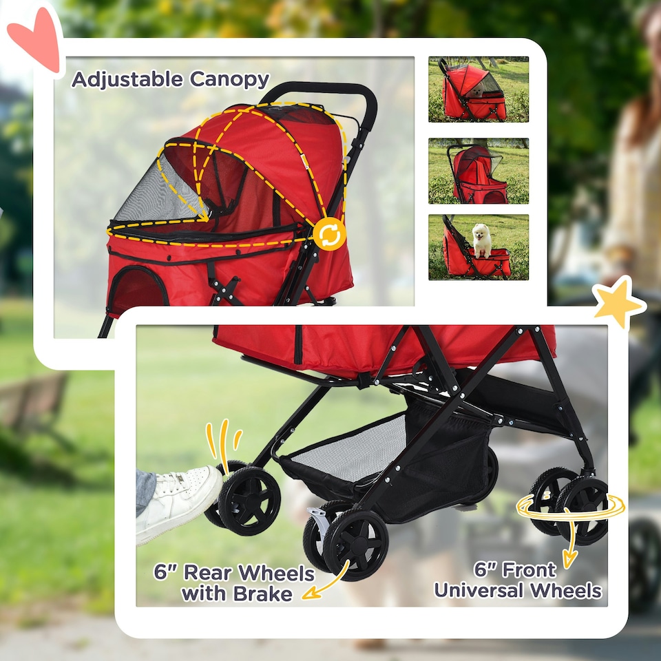 image 1 of PawHut Pet Stroller Dog Foldable Travel Carriage with Reversible Handle, Red