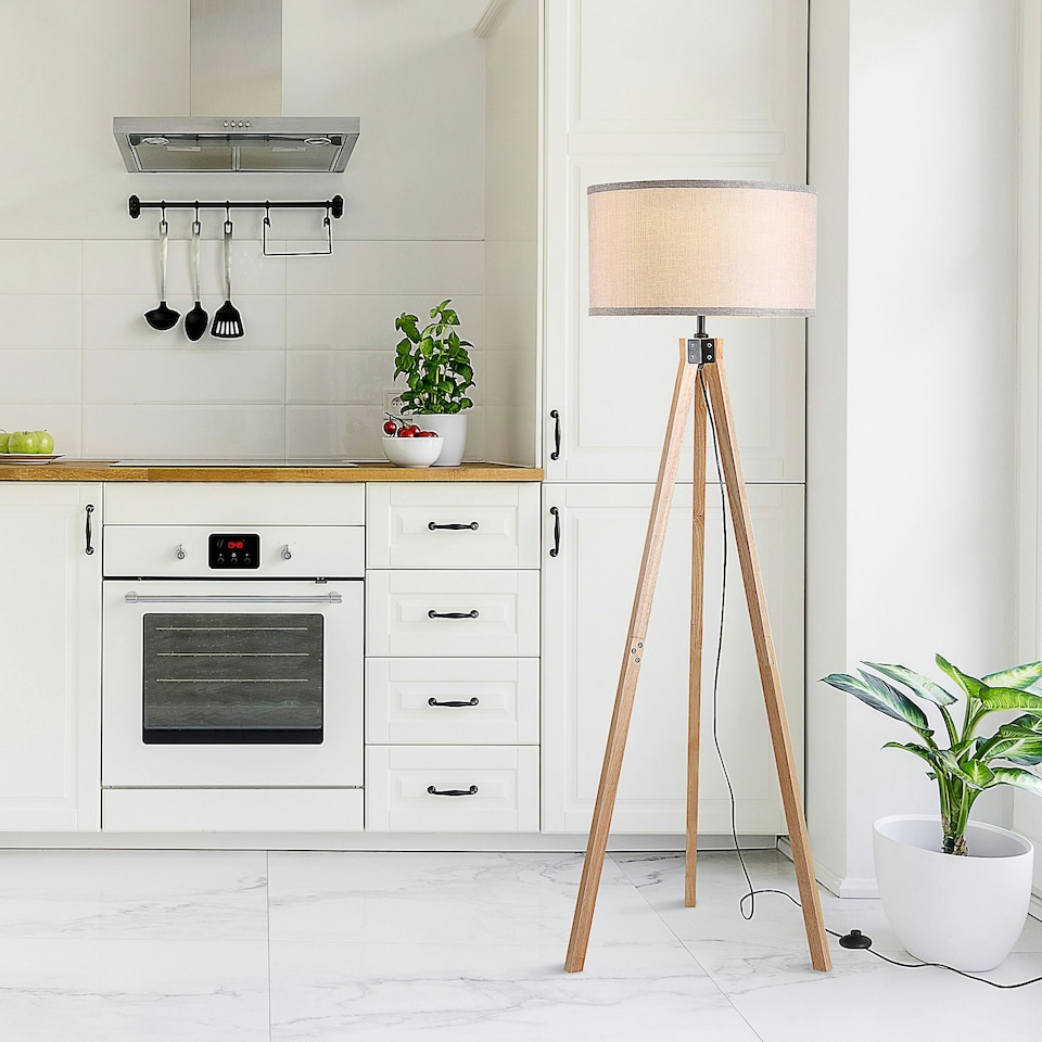 image 1 of HOMCOM Wood Tripod Floor Lamp Home Lighting Elegant E27 Bulb Linen Shade Beige