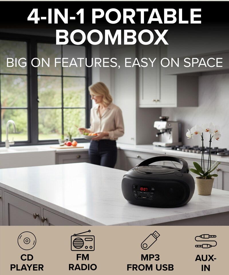 image 1 of Grouptronics Small Portable CD Player For Home With Speakers – Boombox Mains Or Battery Powered, FM Radio, Supports MP3 Audio Books - GTCDR-501