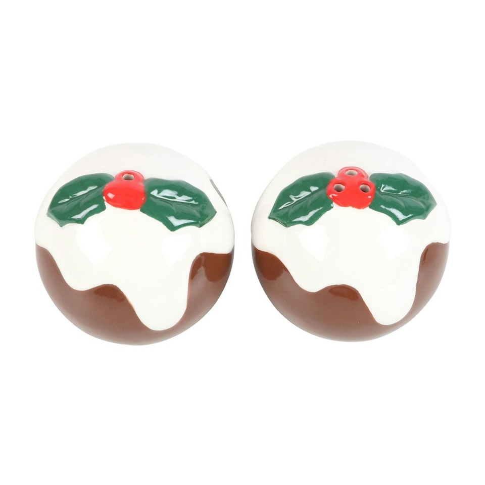image 1 of Something Different Christmas Pudding Salt And Pepper Shakers - Brown/Green/White - One Size