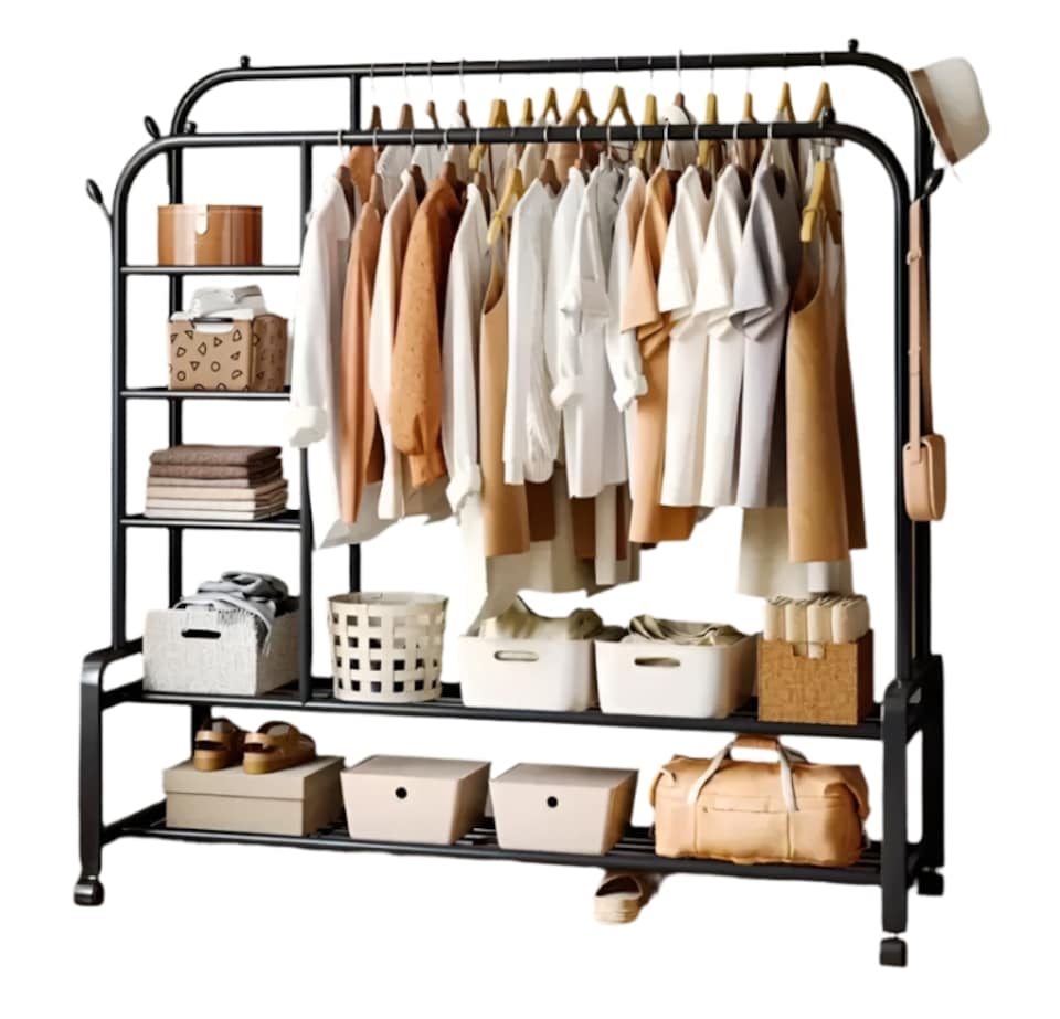 image 1 of Black Heavy Duty Double Clothes Rail with Wheels – Garment Hanging Rack & Storage Shelf
