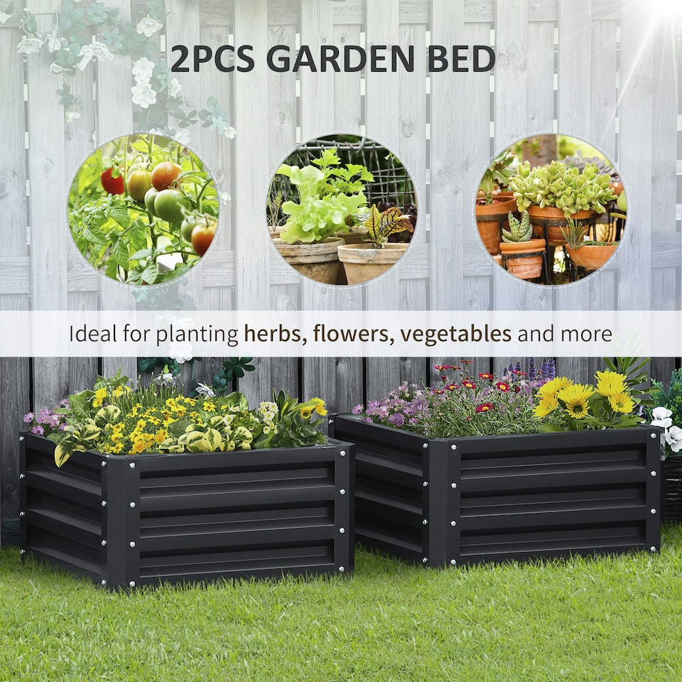 image 1 of Outsunny Set of 2 Raised Garden Bed Galvanised Planter Box Easy Setup Dark Grey