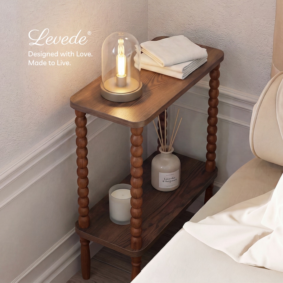 image 1 of Levede Narrow Side Table 2 Tier Storage MDF End Table Rubber Wood Legs Brown
