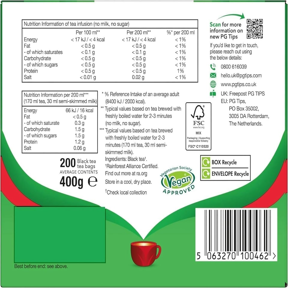 image 1 of PG Tips Original, Black Teabags, Individually Wrapped String & Tag 200 Teabags Biodegradable