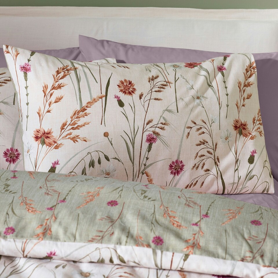 image 1 of Catherine Lansfield Brushed Grasmere Floral Cotton Reversible Duvet Cover Set Green Green | Double