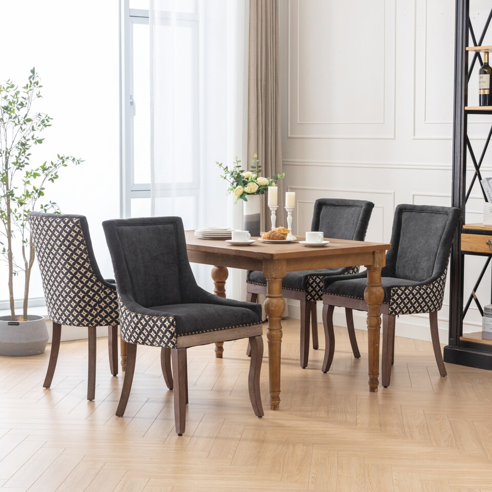 image 1 of Bewley Set of 4 Vintage Linen Upholstered Kitchen Dining Chairs with Oak Wood Legs