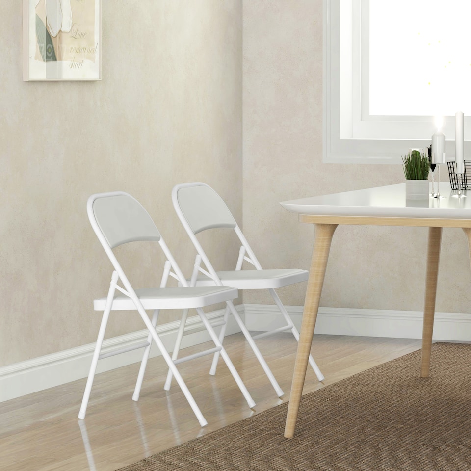 image 1 of HOMCOM Padded Folding Chairs Set of 2 PU Leather Foldable Chairs with Cushioned Seat and Metal Frame for Home Office Dining Computer Desk Reception Room White