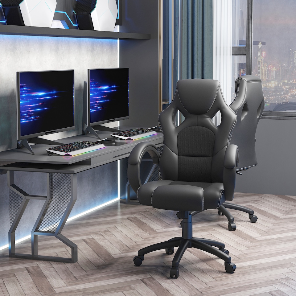image 1 of Vinsetto Gaming Chair Faux Leather Swivel Computer Racing Gamer Desk Chair for Home Office with Wheels, Black