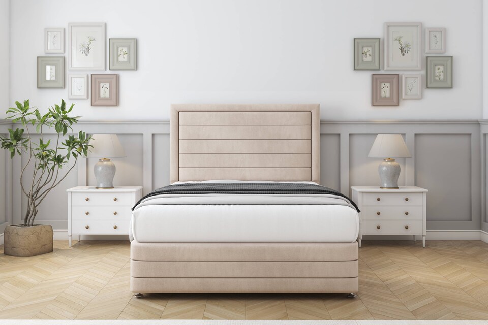 image 1 of Sloomy Ashford Sand Naples Divan Bed With Mattress No Drawers With 26" Strutted Headboard & 12" Matching Footboard 4'6 Double | Cream | Sand | Double | 1
