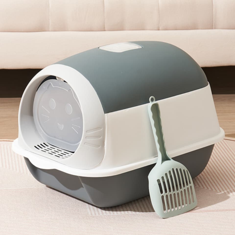 image 1 of Hooded Cat Litter Tray with Flap Door - Covered High-Sided Litter Box - Anti-Spill Easy Clean Indoor Toilet for Cats and Kittens