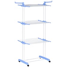 HOMCOM 4-Tier Clothes Airer, Foldable Clothes Drying Rack with Wheels and Wings, Steel Garment Laundry Rack for Indoor and Outdoor Use, Blue