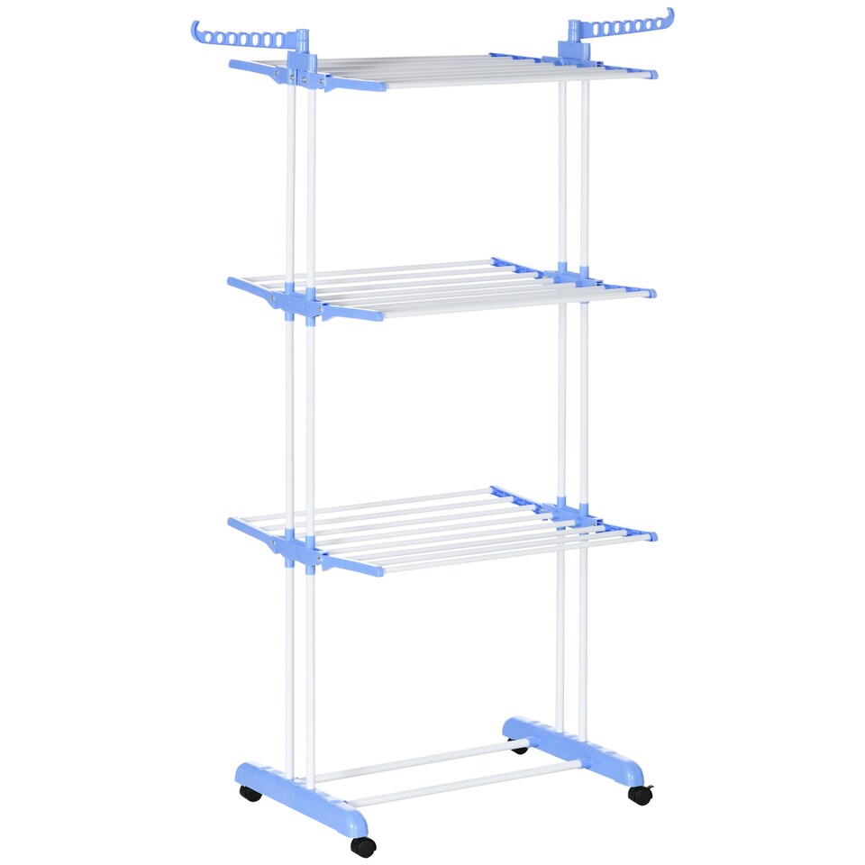 image 1 of HOMCOM 4-Tier Clothes Airer, Foldable Clothes Drying Rack with Wheels and Wings, Steel Garment Laundry Rack for Indoor and Outdoor Use, Blue