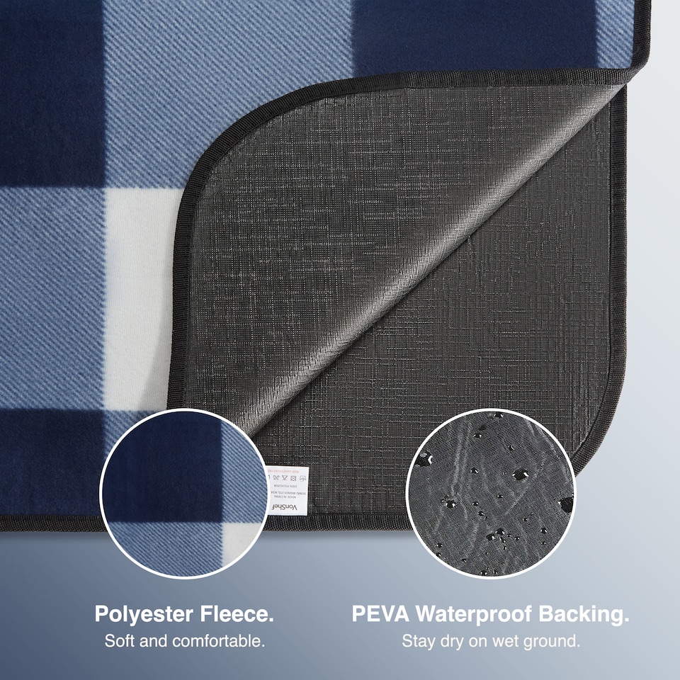 image 1 of VonShef Picnic Blanket Large Navy & White Tartan for Outdoor