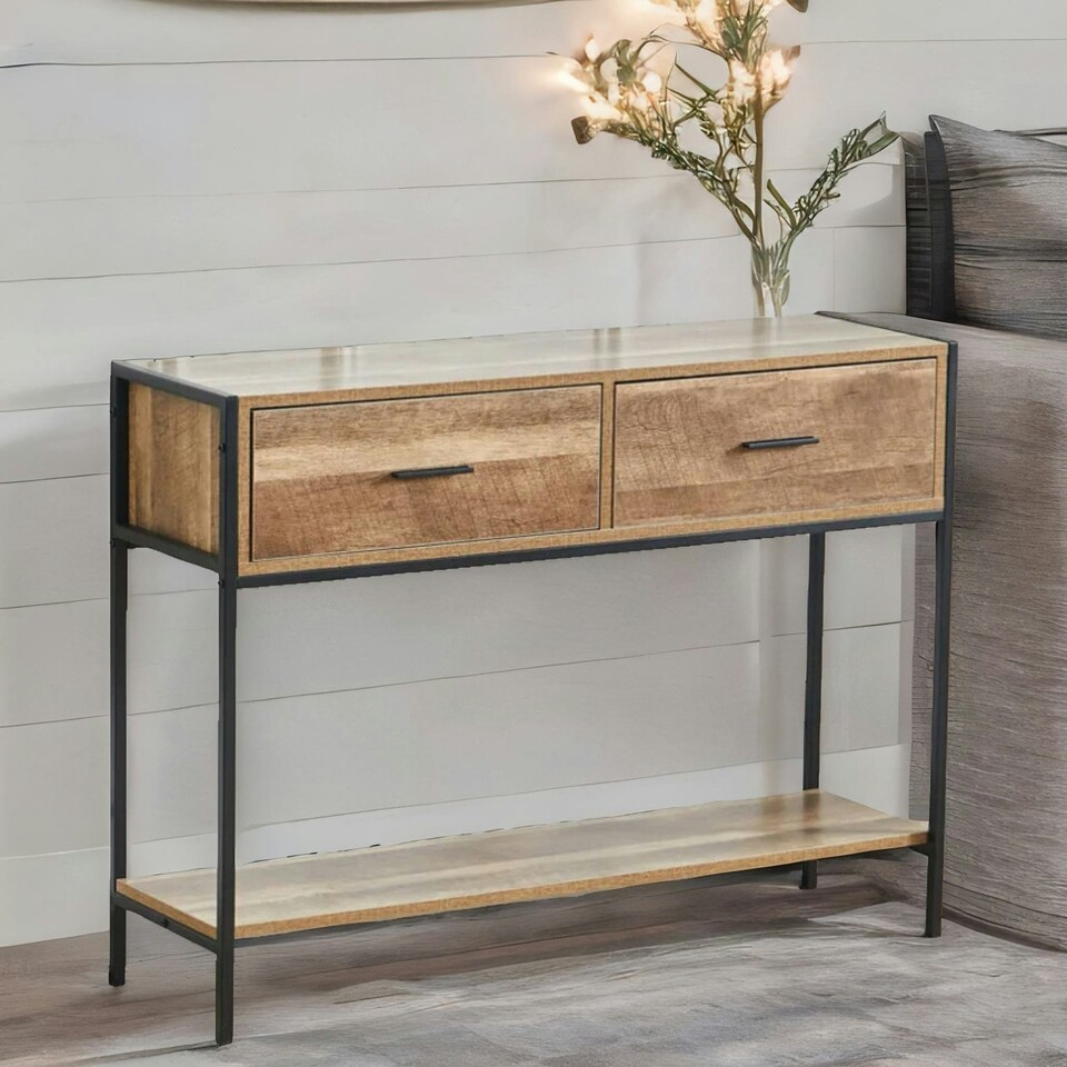 image 1 of Industrial Console Table With 2 Drawers & Storage Shelf Brown