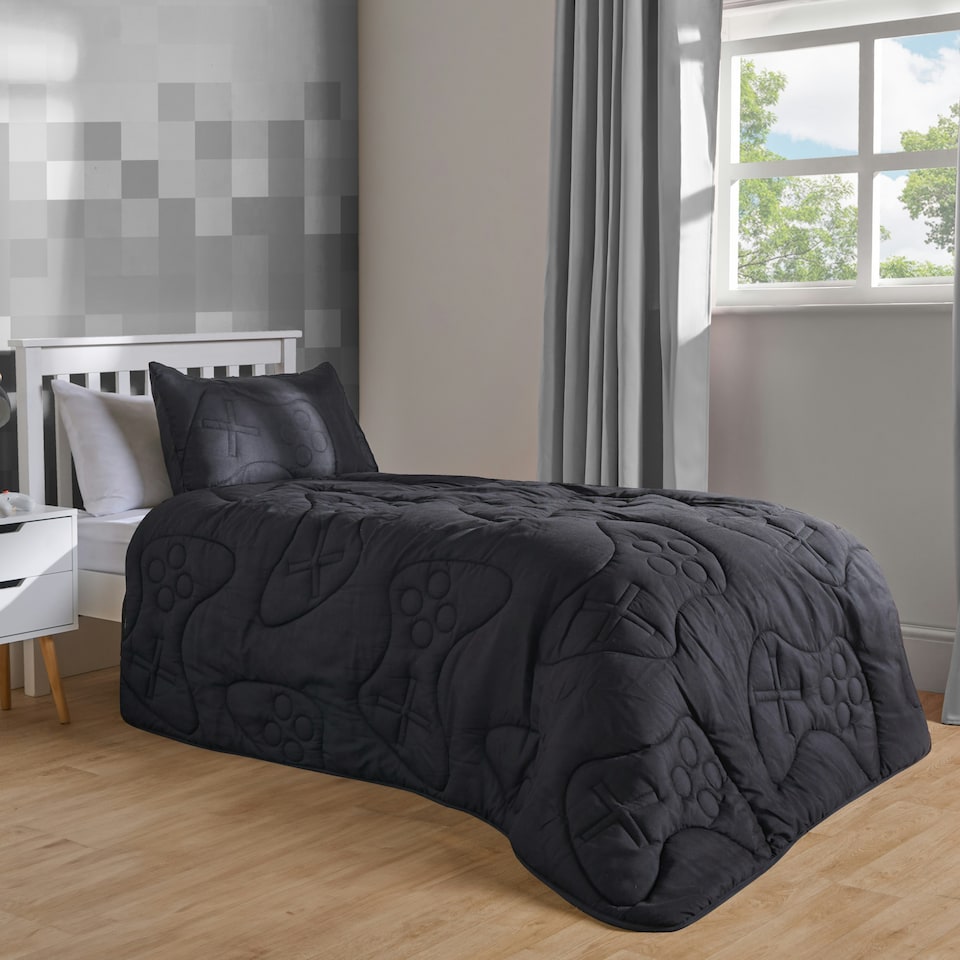 image 1 of OHS Quilted Embossed Patterned Soft Plump Coverless 7.5 Tog Washable Duvet Cover and Pillowcase Bedding Set Black | Gaming | Single