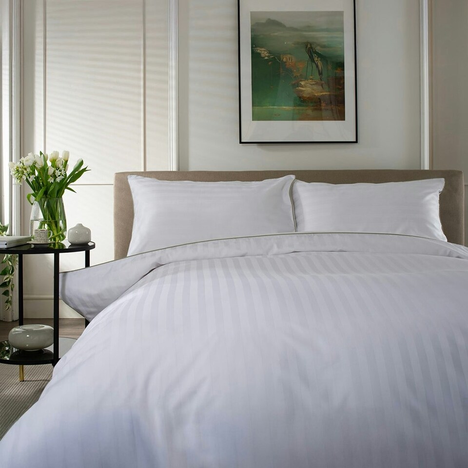 image 1 of 240 Thread Count Sateen Stripe White Duvet Cover Set - Loxley 100% Cotton Bedding with Piped Edge White | Double