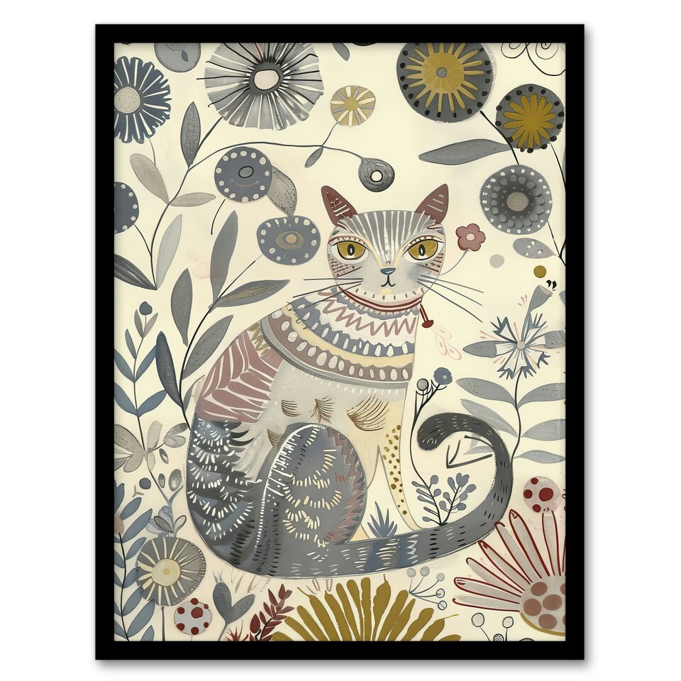 image 1 of Rustic Cat Wildflower Field Bright Floral Black Framed Wall Art Print A4