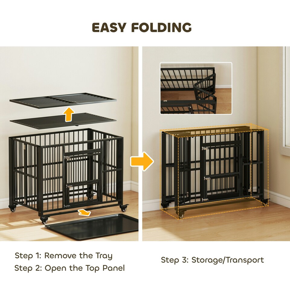 image 1 of PawHut 43" Foldable Heavy Duty Dog Crate w/ Locks, Removable Tray, Wheels