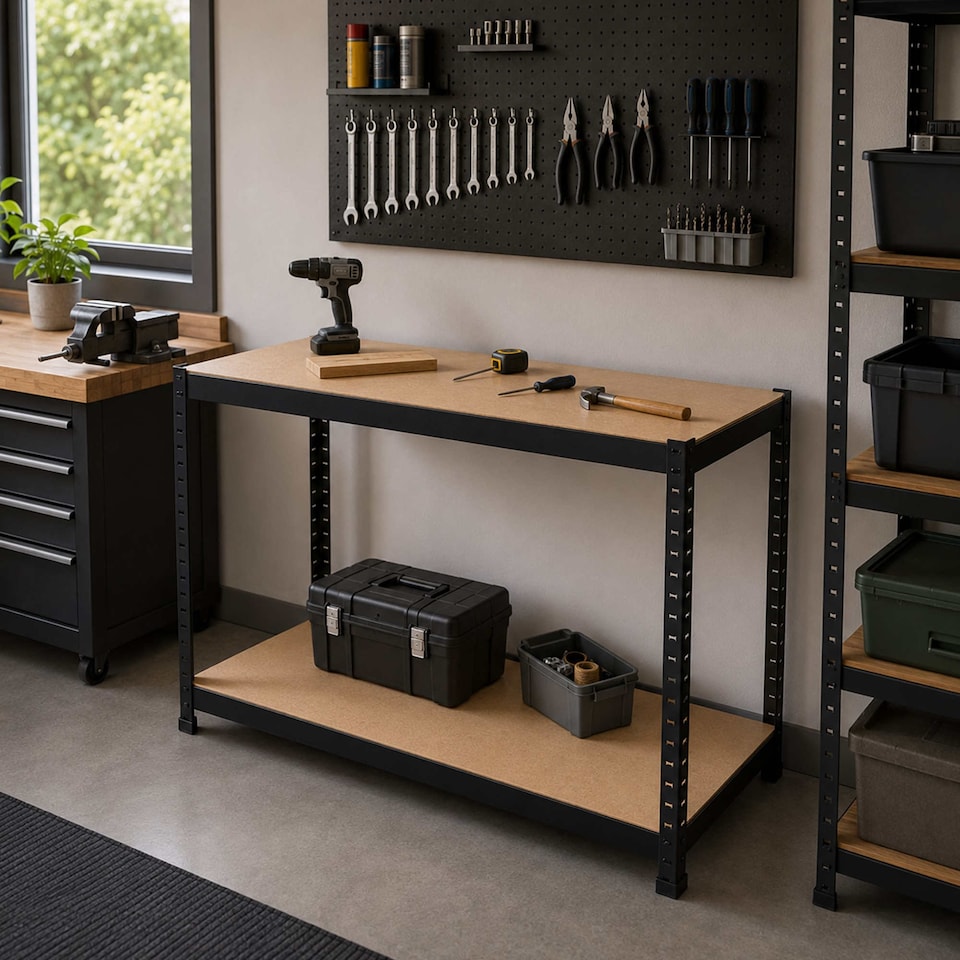 image 1 of Industrial Heavy Duty Steel Workbench Table Shelving Garage Shed | Black