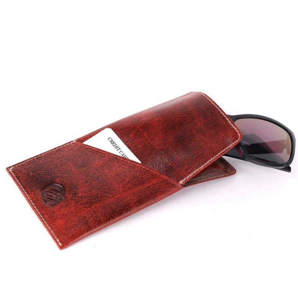 image 1 of CRICKET-GIFTS - Buffalo Leather Glasses Case | Red Leather Exterior | Includes Card Holder Red