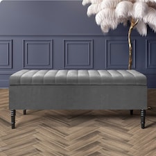 90cm Paris Striped Ottoman Storage Bench- Plush Velvet Shoe Bench - Grey Upholstery Footstool with Storage